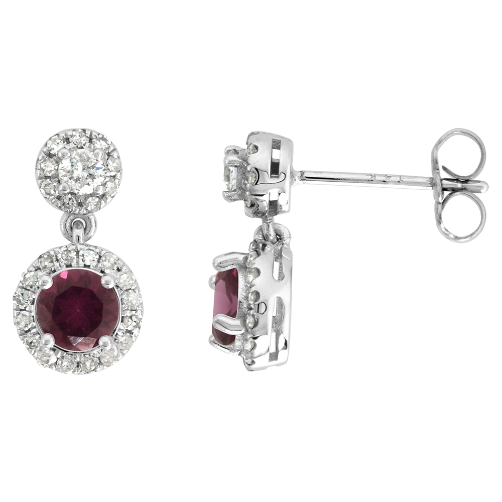 14k White Gold Diamond Halo Genuine Rhodolite Garnet Drop Earrings Round Brilliant cut 5mm 1/2 inch long