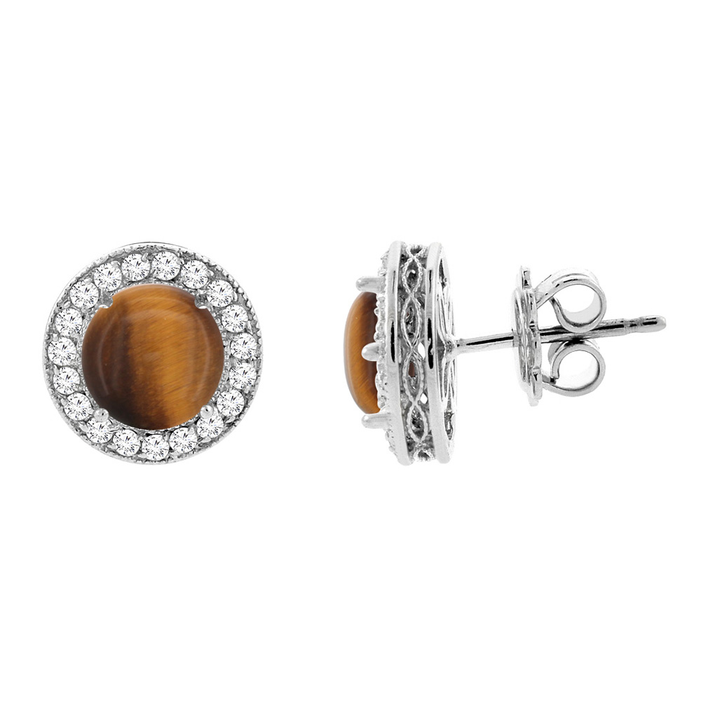 14K WHITE GOLD NATURAL TIGER EYE HALO EARRINGS WITH DIAMOND ACCENT, 3/16 INCH WIDE