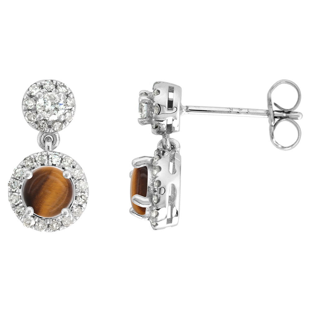 14k White Gold Diamond Halo Genuine Tiger Eye Drop Earrings Round Brilliant cut 5mm 1/2 inch long