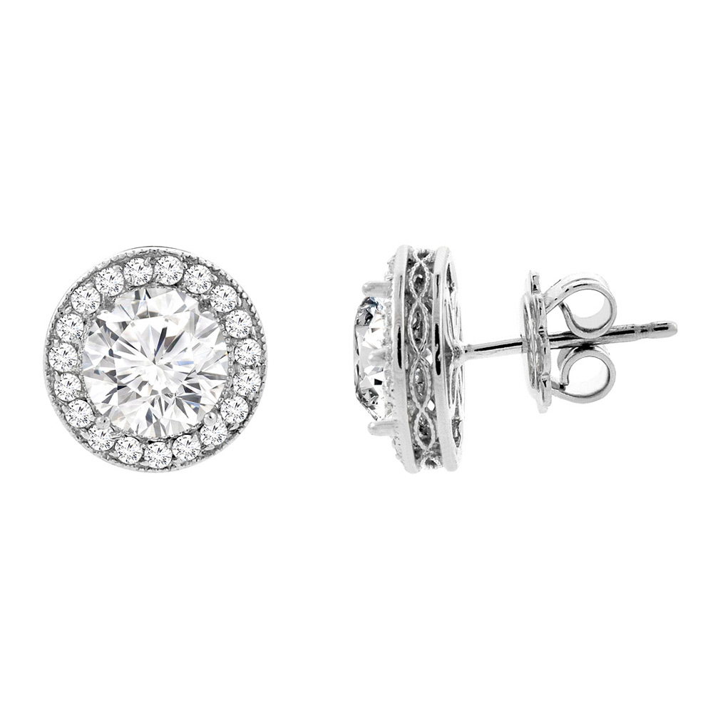 14K White Gold 1.43cttw Halo Diamond Earrings, 3/16 inch wide