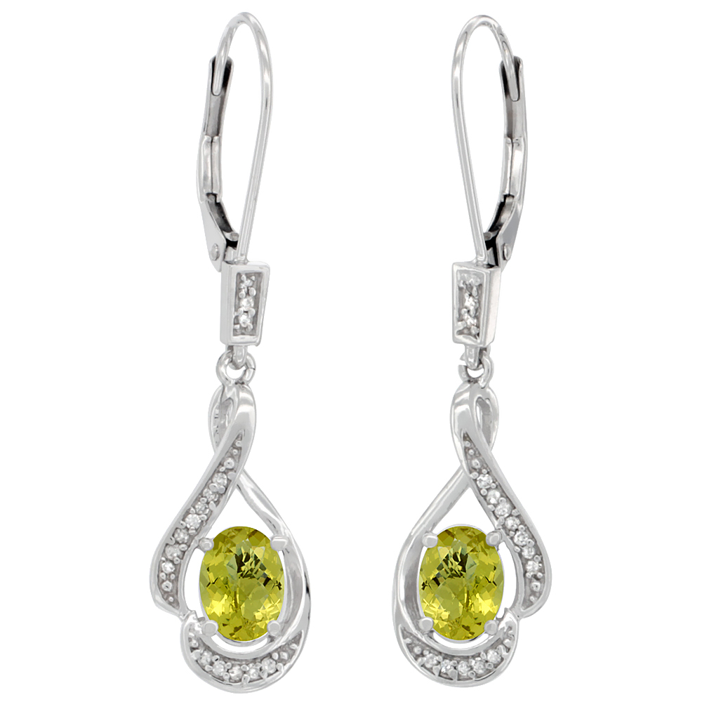 14K White Gold Diamond Natural Lemon Quartz Leverback Earrings Oval 7x5 mm, 1 7/16 inch long