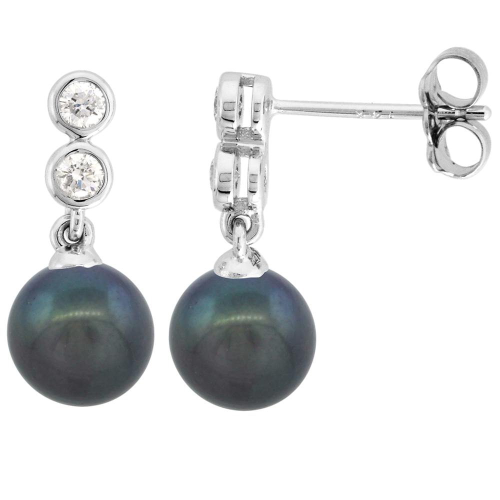 14K WHITE GOLD DIAMOND AND FRESHWATER BLACK PEARL DANGLE EARRINGS ROUND 8MM 11/16 INCH LONG
