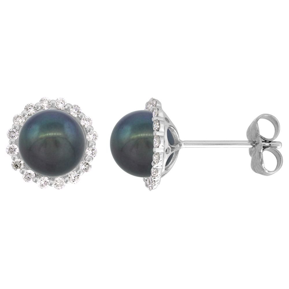 14K WHITE GOLD DIAMOND HALO AND FRESHWATER BLACK PEARL STUD EARRINGS ROUND 7.5MM 3/8 INCH WIDE