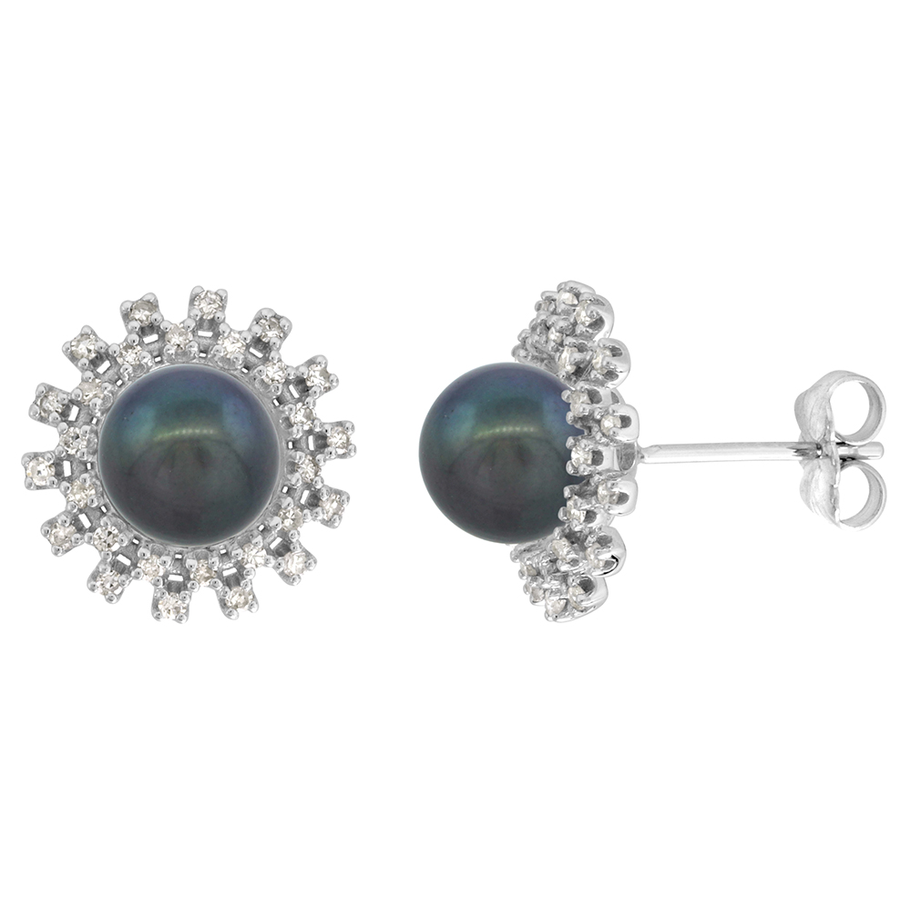 14K WHITE GOLD DIAMOND HALO AND FRESHWATER BLACK PEARL STUD EARRINGS ROUND 8MM 1/2 INCH WIDE