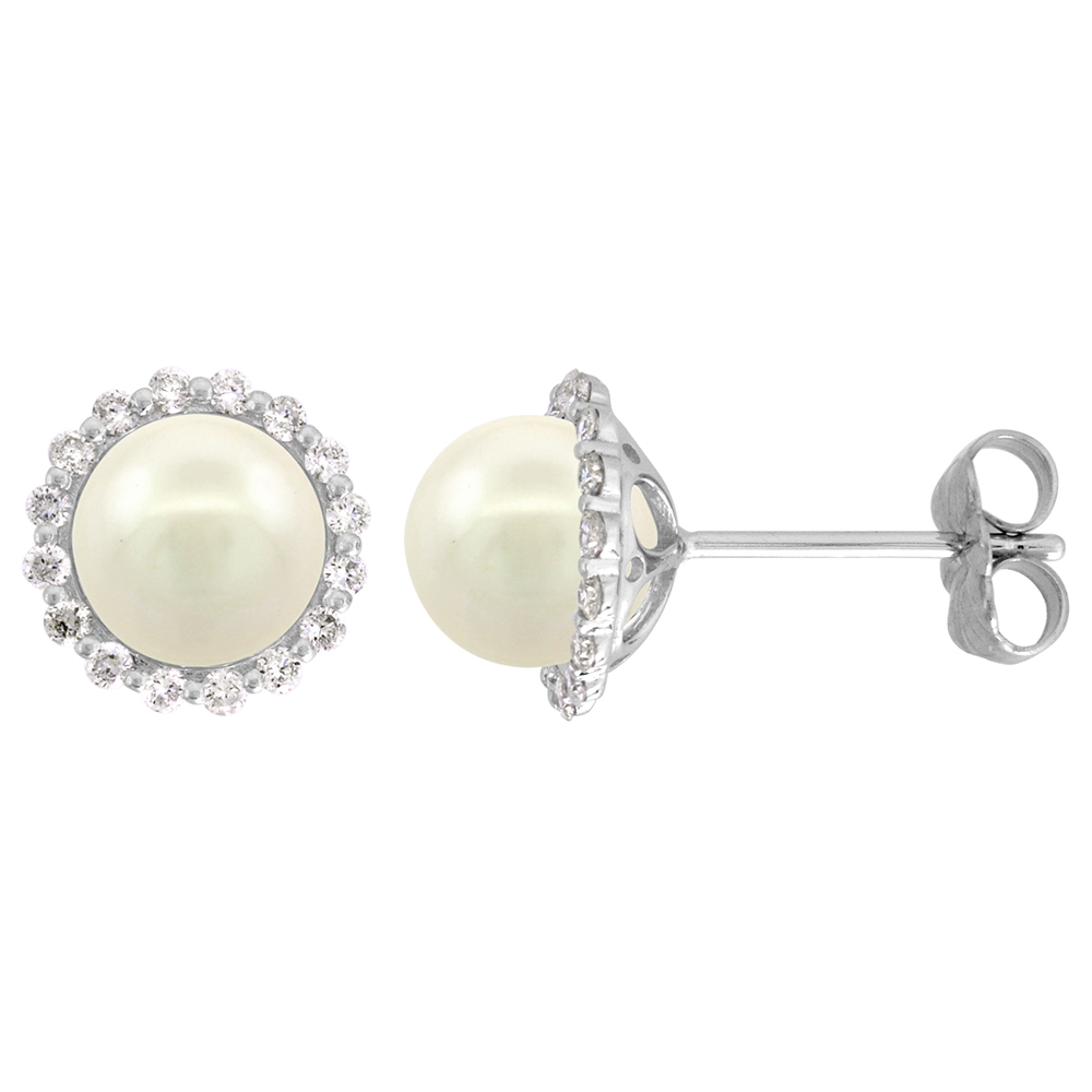 14K WHITE GOLD DIAMOND HALO AND FRESHWATER WHITE PEARL STUD EARRINGS ROUND 7.5MM 3/8 INCH WIDE