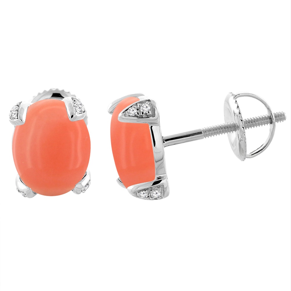 14K WHITE GOLD NATURAL CORAL SCREW BACK EARRINGS OVAL 9X7 MM WITH DIAMOND ACCENTS
