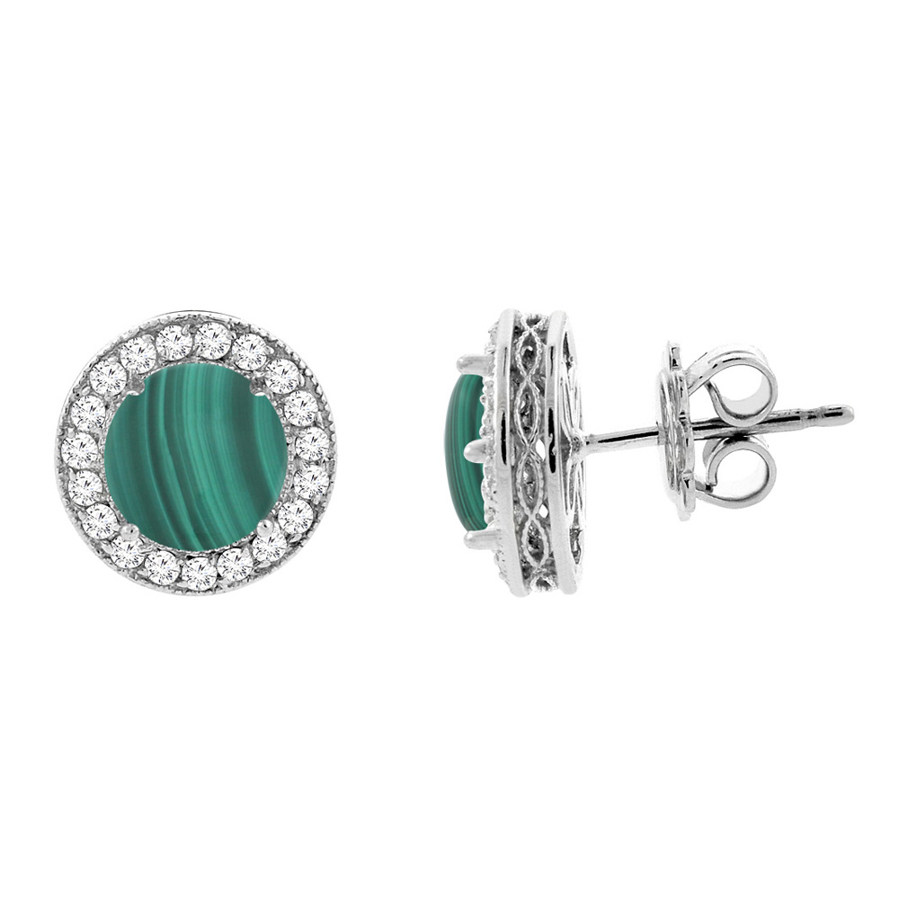 14K WHITE GOLD NATURAL MALACHITE HALO EARRINGS WITH DIAMOND ACCENT, 3/16 INCH WIDE
