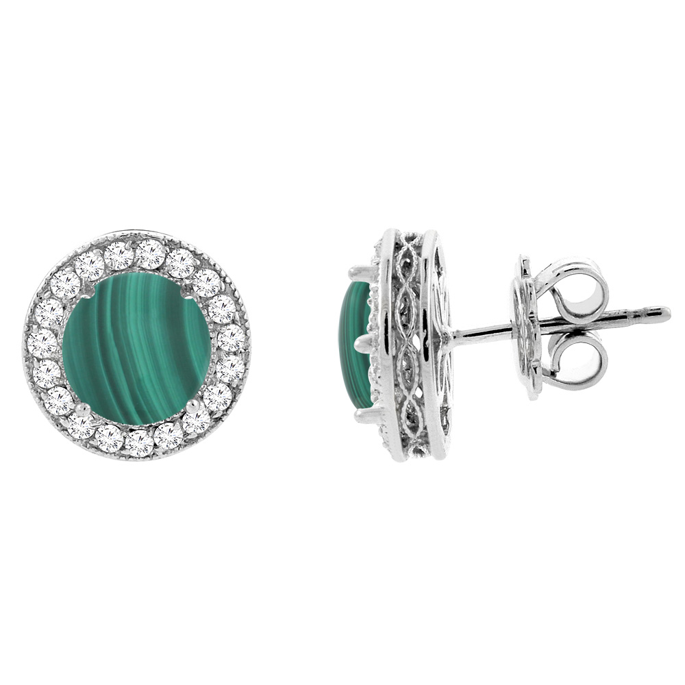 14K WHITE GOLD DIAMOND HALO GENUINE MALACHITE EARRINGS 0.6 CTTW 6MM ROUND, 1/2 INCH
