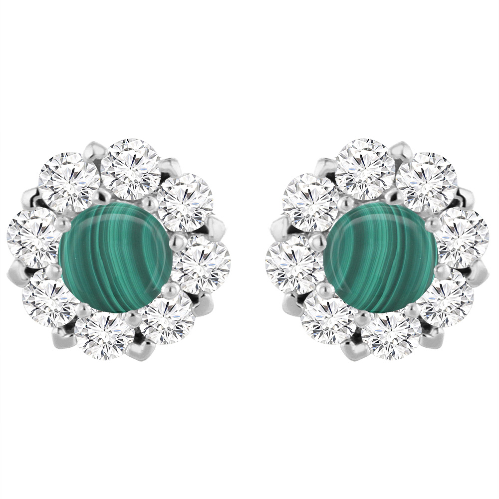14K WHITE GOLD NATURAL MALACHITE EARRINGS WITH DIAMOND HALO ROUND 6 MM