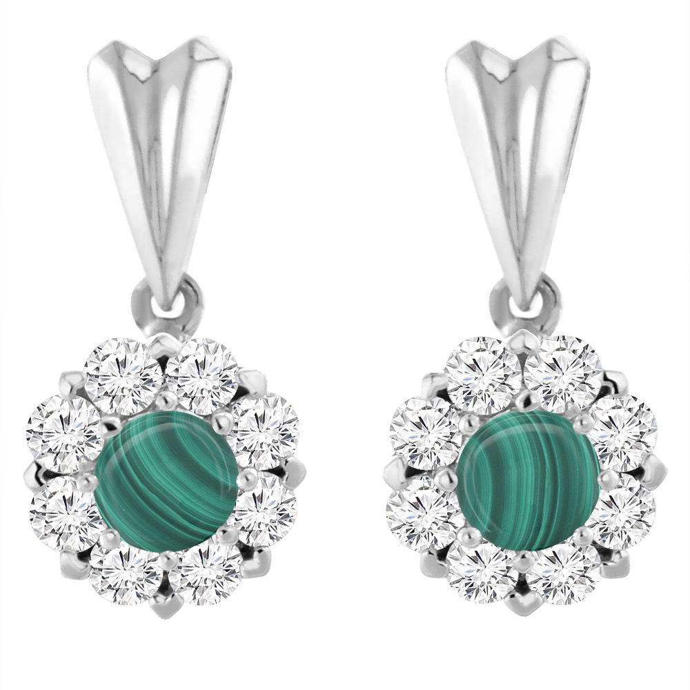 14K WHITE GOLD NATURAL MALACHITE EARRINGS WITH DIAMOND HALO ROUND 4 MM
