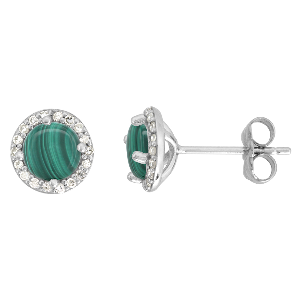 14k White Gold Diamond Halo Genuine Malachite Stud Earrings Round 6mm