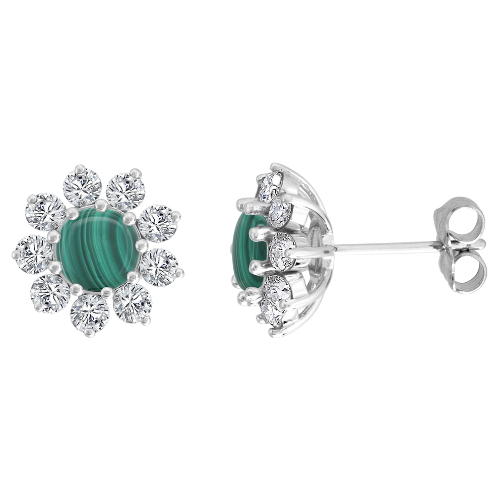 14K WHITE GOLD DIAMOND HALO GENUINE MALACHITE HALO STUD EARRINGS ROUND 6MM 7/16 INCH WIDE