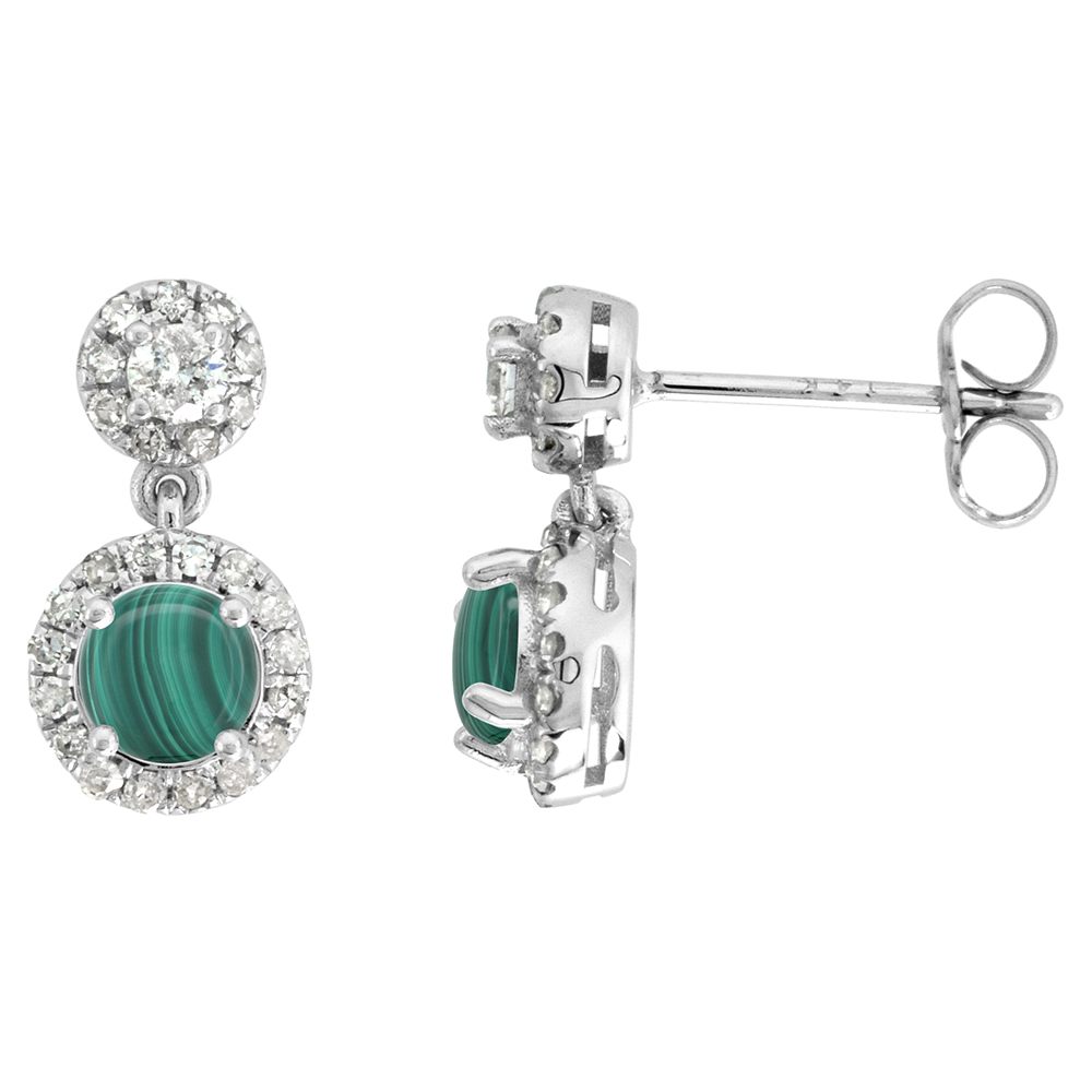 14k White Gold Diamond Halo Genuine Malachite Drop Earrings Round Brilliant cut 5mm 1/2 inch long