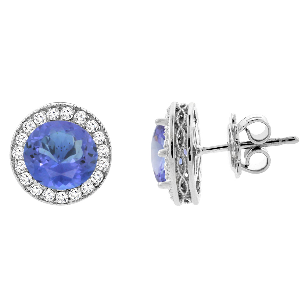 14k White Gold Diamond Halo Genuine Tanzanite Earrings 0.6 cttw 6mm Round, 1/2 inch