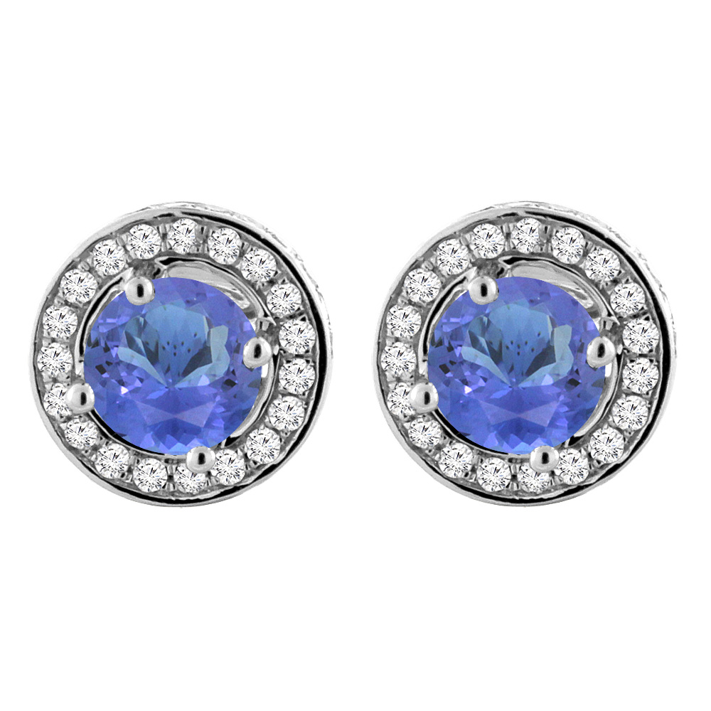 14K WHITE GOLD NATURAL TANZANITE EARRINGS WITH DIAMOND HALO ROUND 5 MM