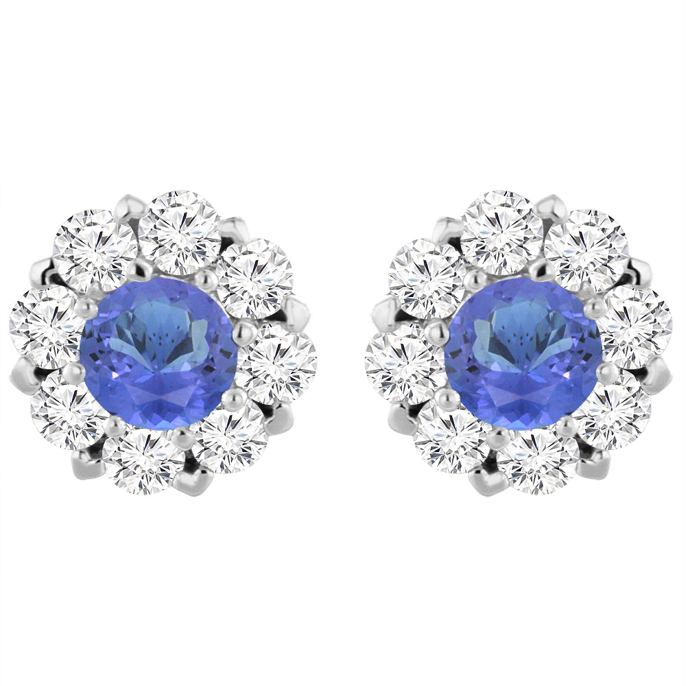 14K WHITE GOLD NATURAL TANZANITE EARRINGS WITH DIAMOND HALO ROUND 6 MM