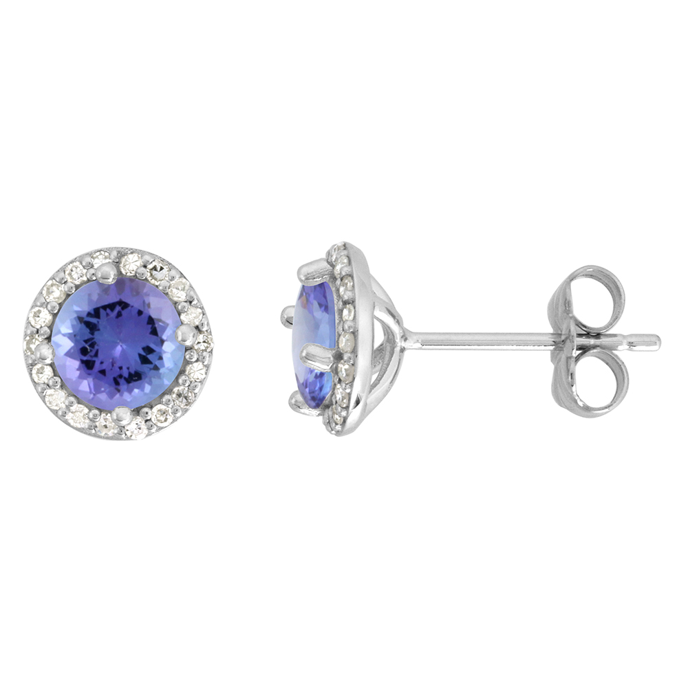 14k White Gold Diamond Halo Genuine Tanzanite Stud Earrings Round 6mm