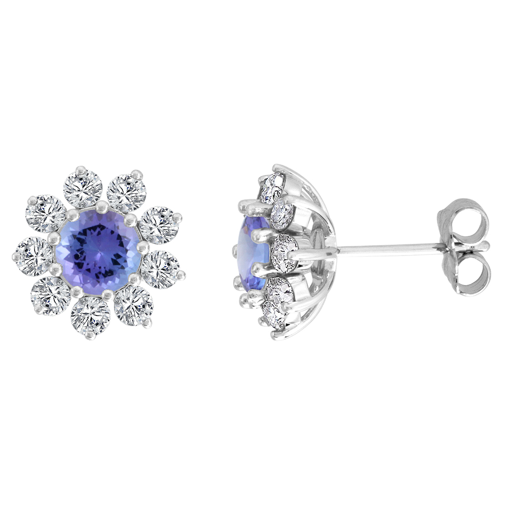 14k White Gold Diamond Halo Genuine Tanzanite Halo Stud Earrings Round 6mm 7/16 inch wide