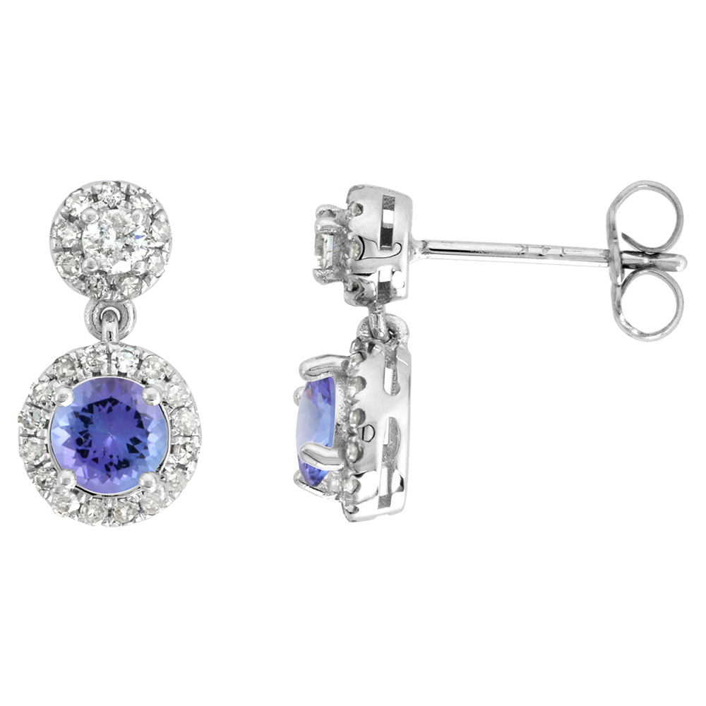 14K WHITE GOLD DIAMOND HALO GENUINE TANZANITE DROP EARRINGS ROUND BRILLIANT CUT 5MM 1/2 INCH LONG