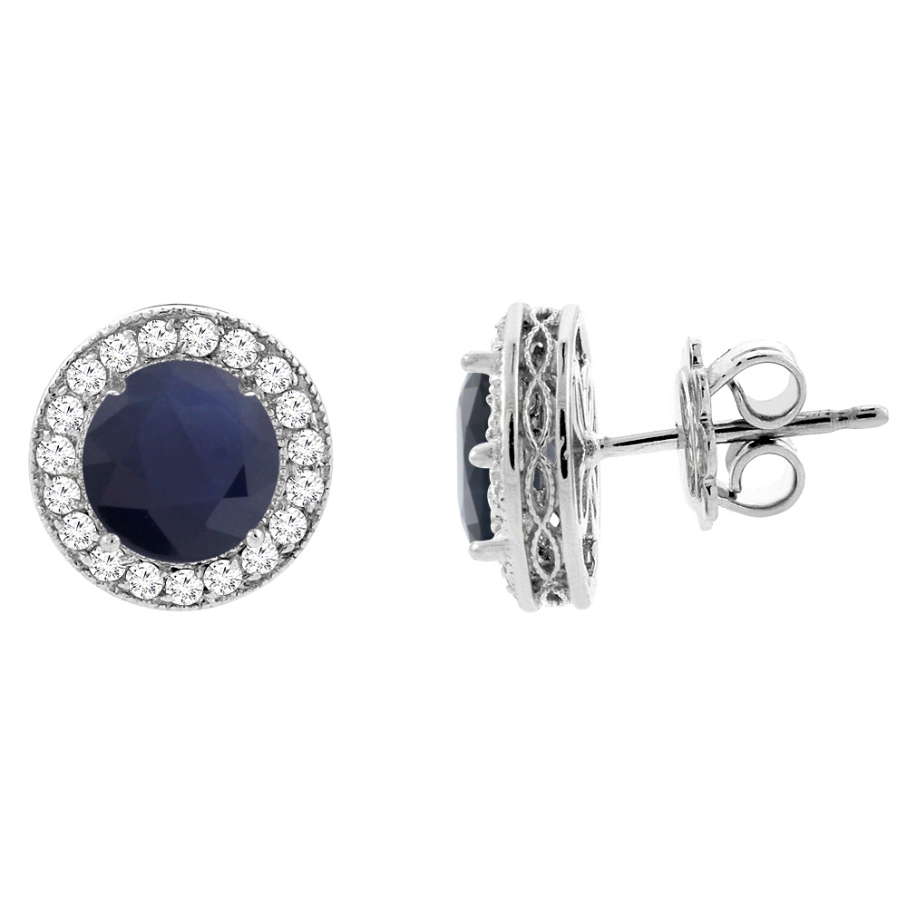 14k White Gold Diamond Halo Genuine Ceylon Sapphire Earrings 0.6 cttw 6mm Round, 1/2 inch