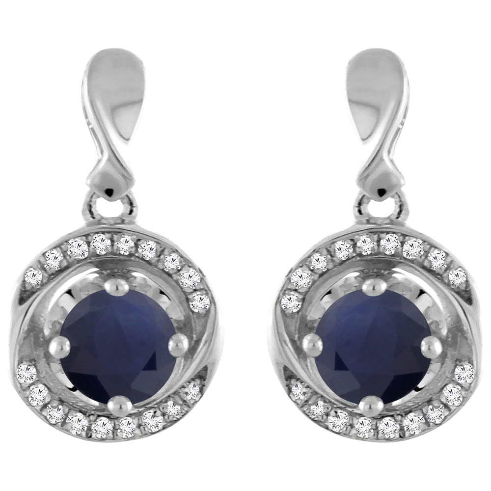 14K White Gold Diamond Natural Quality Blue Sapphire Earrings Round 4 mm