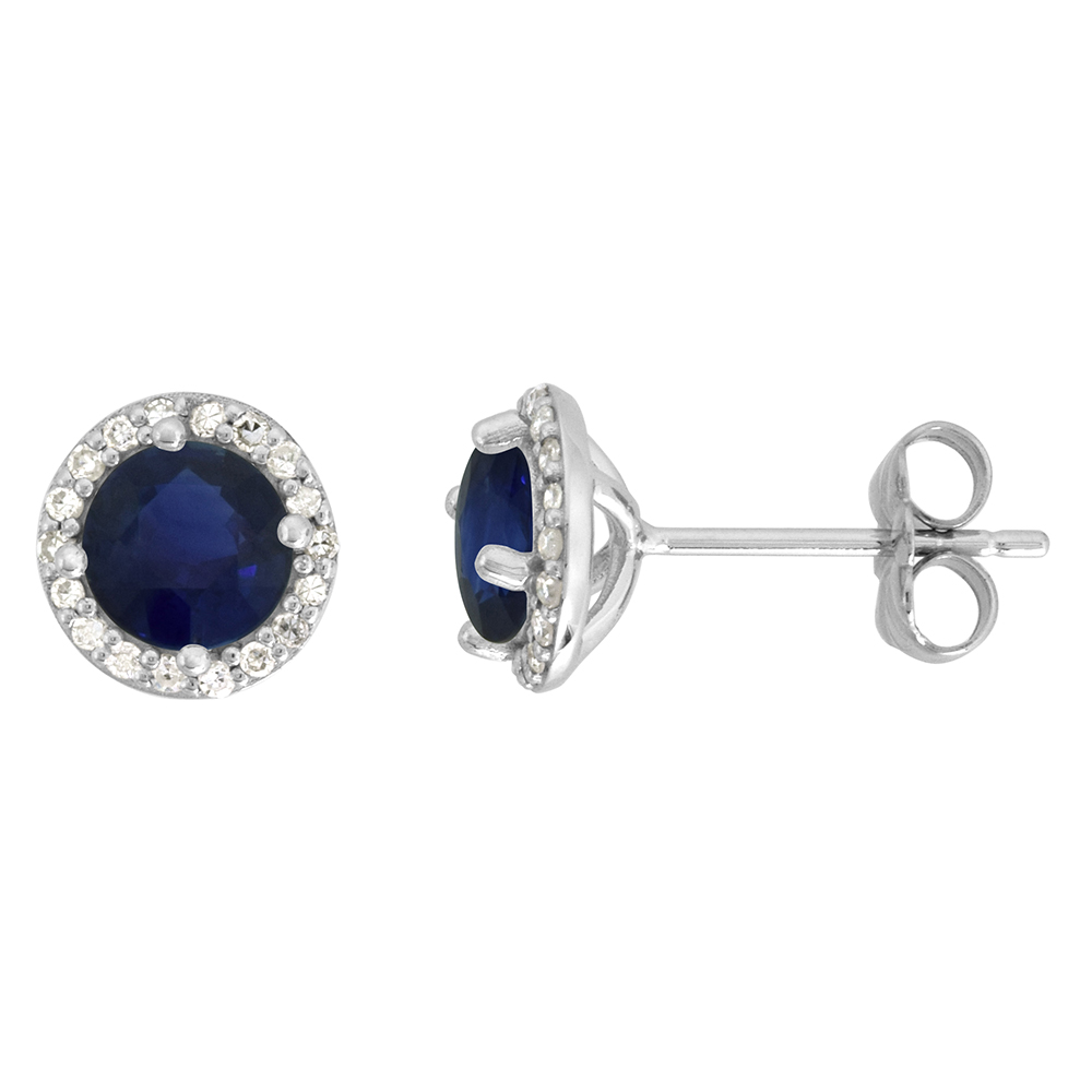 14K WHITE GOLD DIAMOND HALO GENUINE CEYLON SAPPHIRE STUD EARRINGS ROUND 6MM