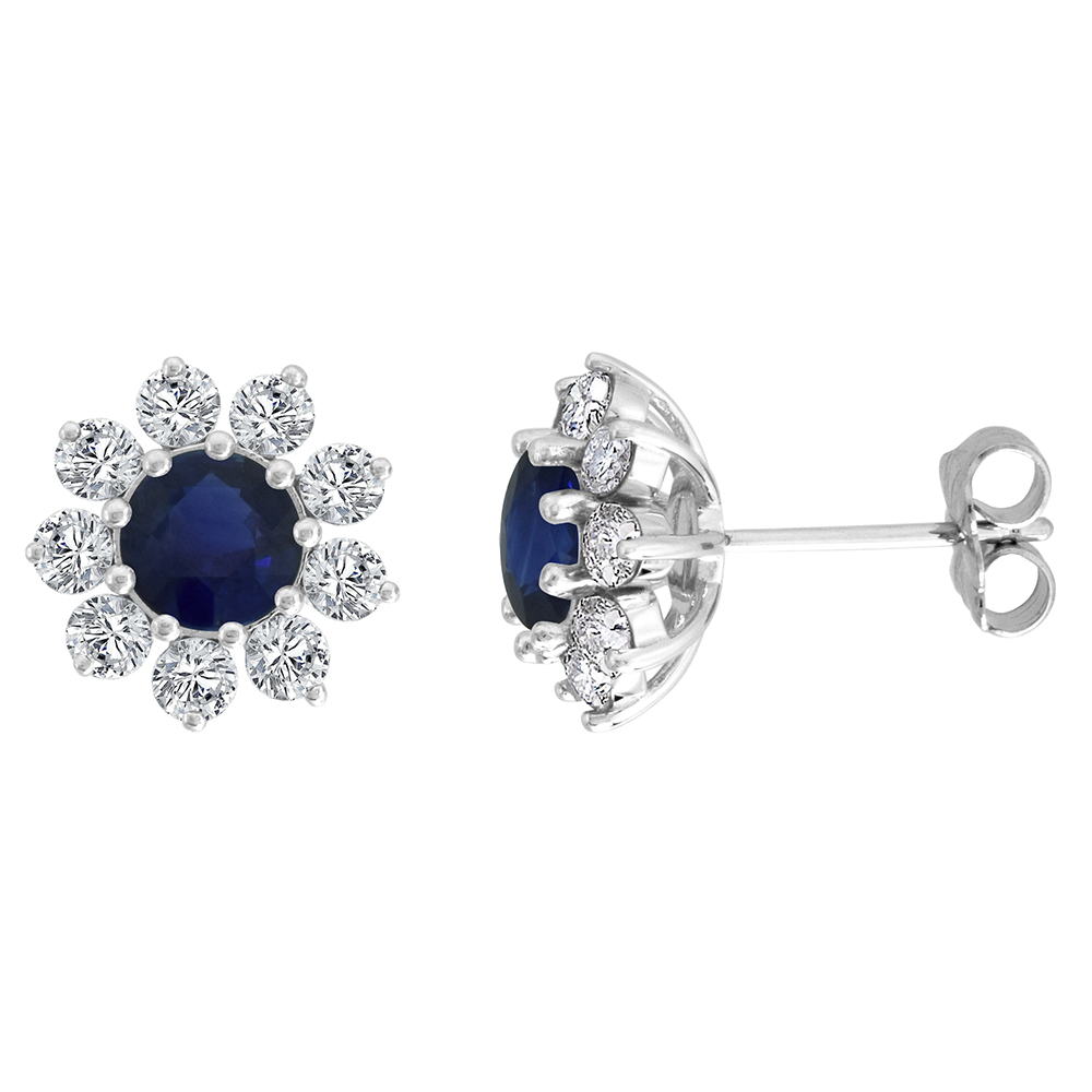 14K WHITE GOLD DIAMOND HALO GENUINE CEYLON SAPPHIRE HALO STUD EARRINGS ROUND 6MM 7/16 INCH WIDE