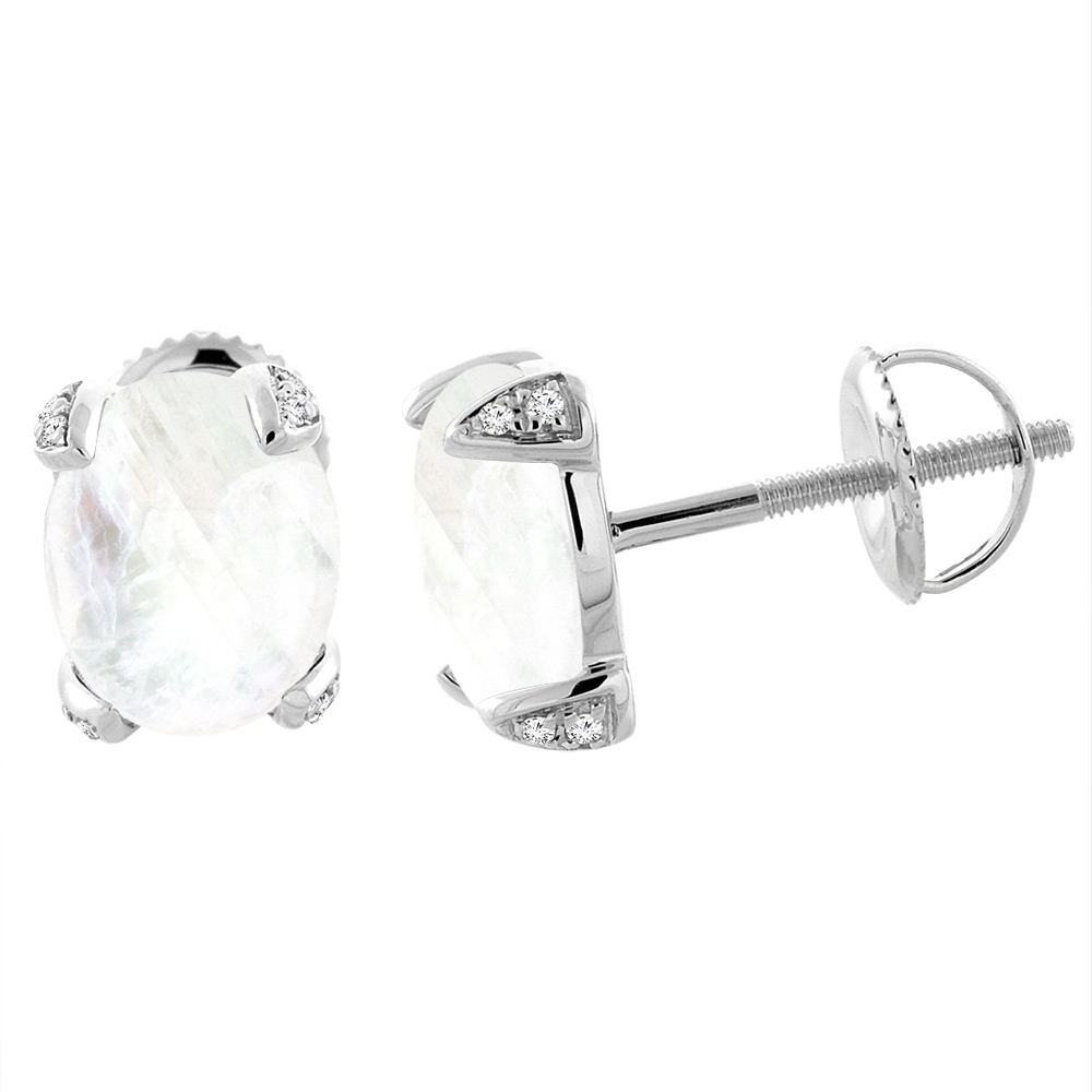 14K White Gold Natural Rainbow Moonstone Screw back Earrings Oval 9x7 mm with Diamond Accents