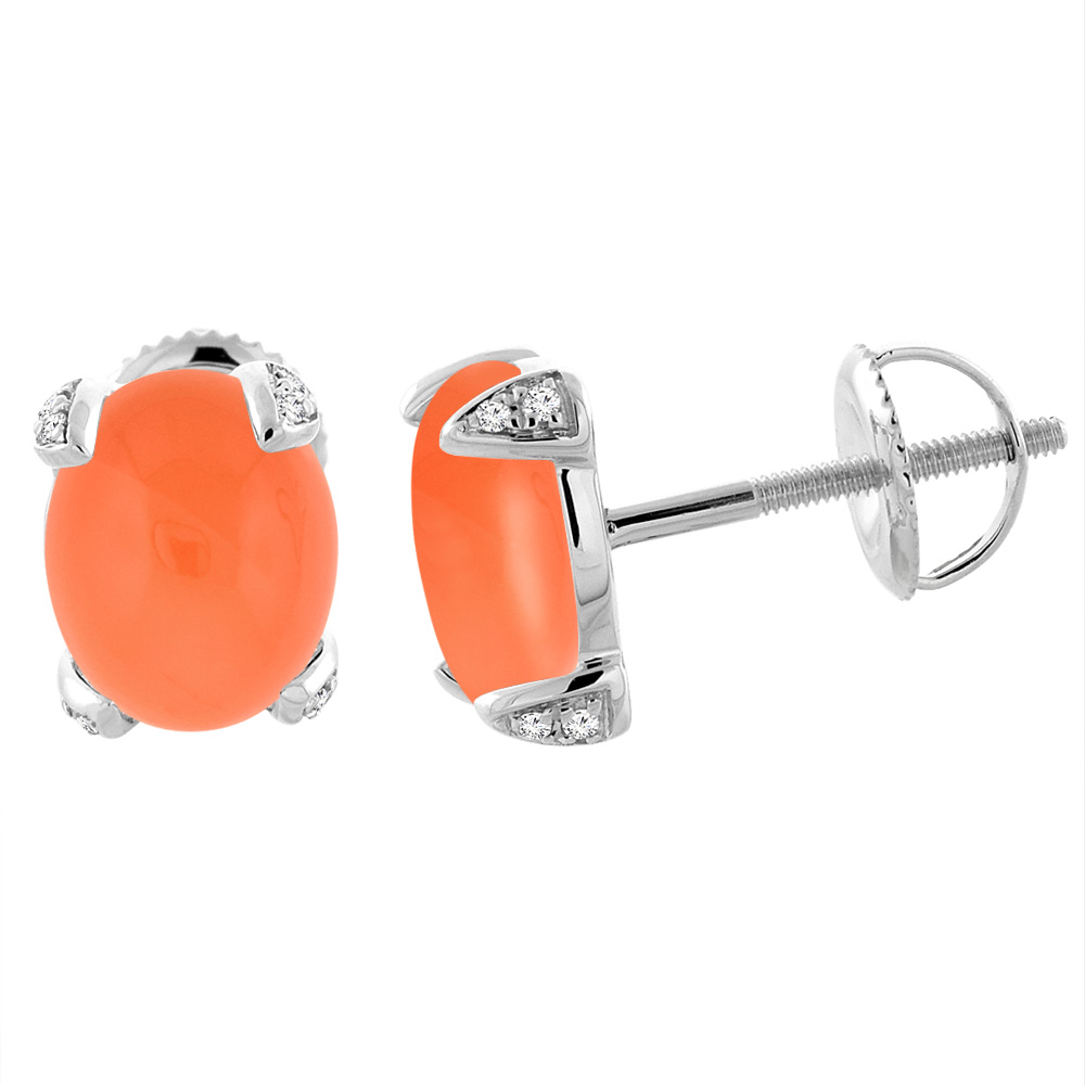 14K WHITE GOLD NATURAL ORANGE MOONSTONE SCREW BACK EARRINGS OVAL 9X7 MM WITH DIAMOND ACCENTS