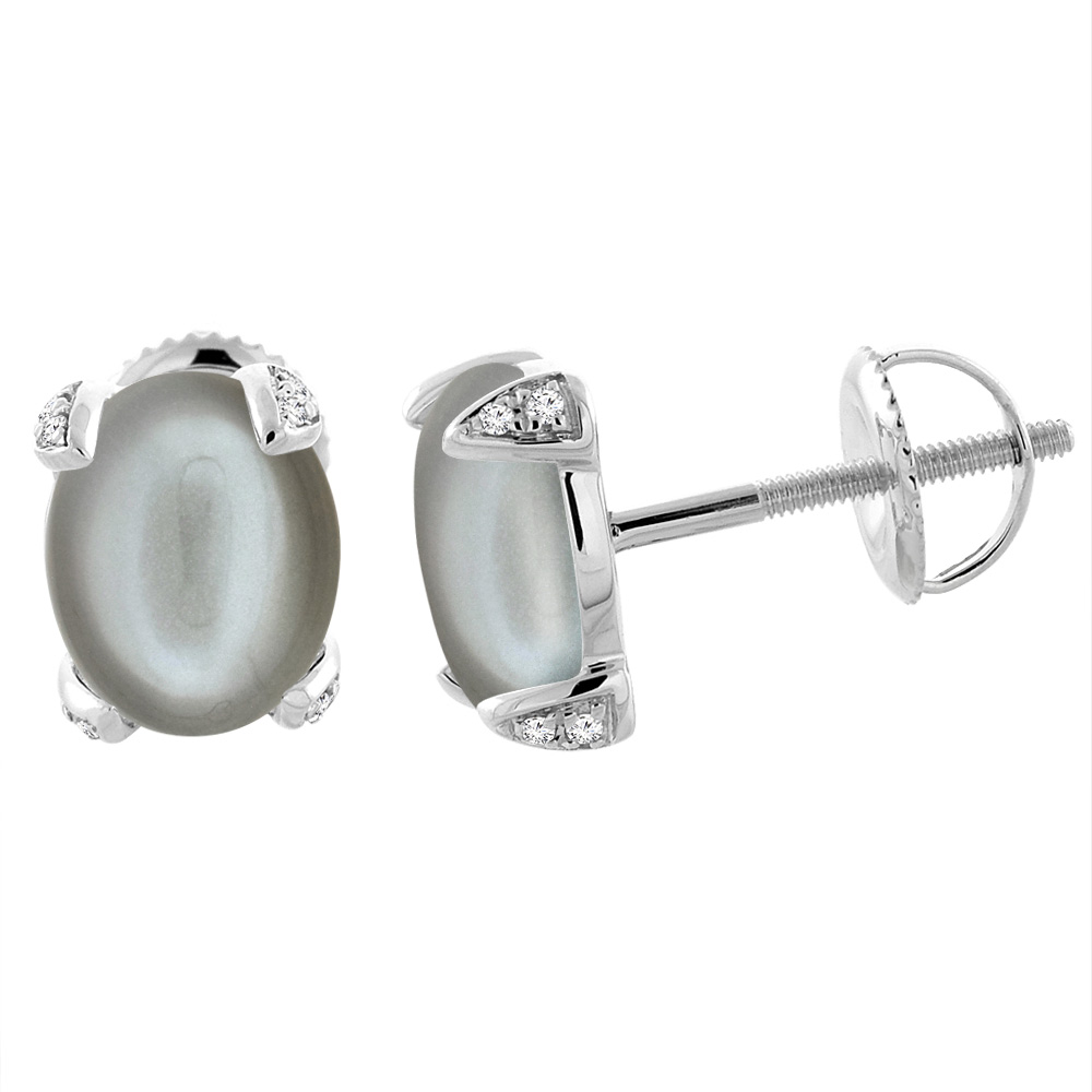 14K WHITE GOLD NATURAL GRAY MOONSTONE SCREW BACK EARRINGS OVAL 9X7 MM WITH DIAMOND ACCENTS