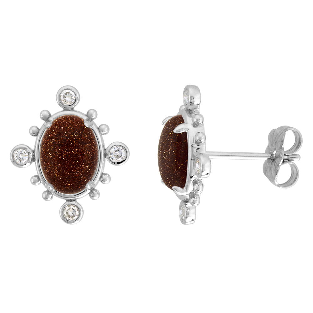 14K WHITE GOLD DIAMOND GENUINE GOLDSTONE STUD EARRINGS BEAD ACCENT 0.17 CTTW OVAL 9X7MM