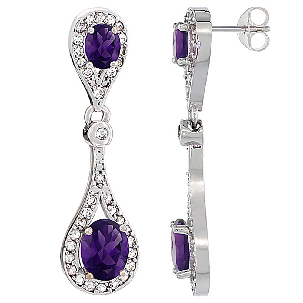 14K White Gold Natural Amethyst Oval Dangling Earrings White Sapphire &amp; Diamond Accents, 1 3/8 inches long