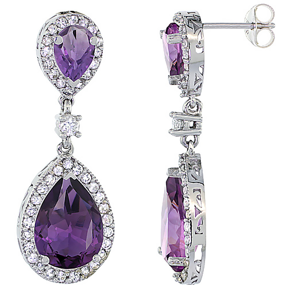 14K WHITE GOLD NATURAL AMETHYST TEARDROP EARRINGS WHITE SAPPHIRE & DIAMOND