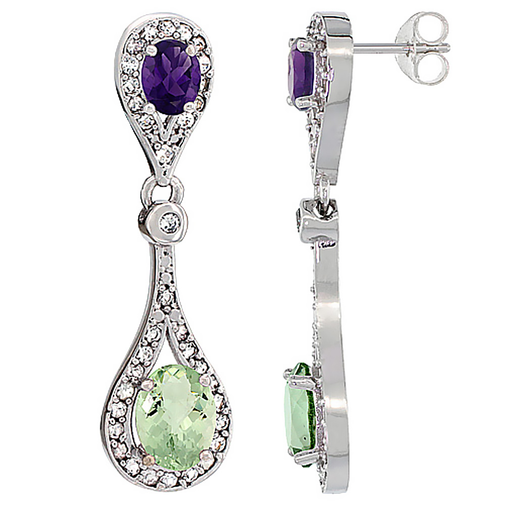 14K WHITE GOLD NATURAL GREEN AMETHYST & AMETHYST OVAL DANGLING EARRINGS WHITE SAPPHIRE & DIAMOND ACCENTS, 1 3/8 INCHES LONG