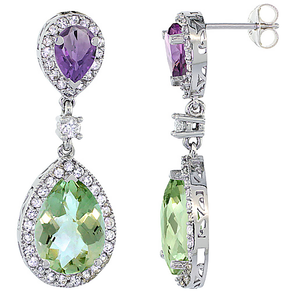 14K White Gold Natural Green &amp; Purple Amethysts Teardrop Earrings White Sapphire &amp; Diamond