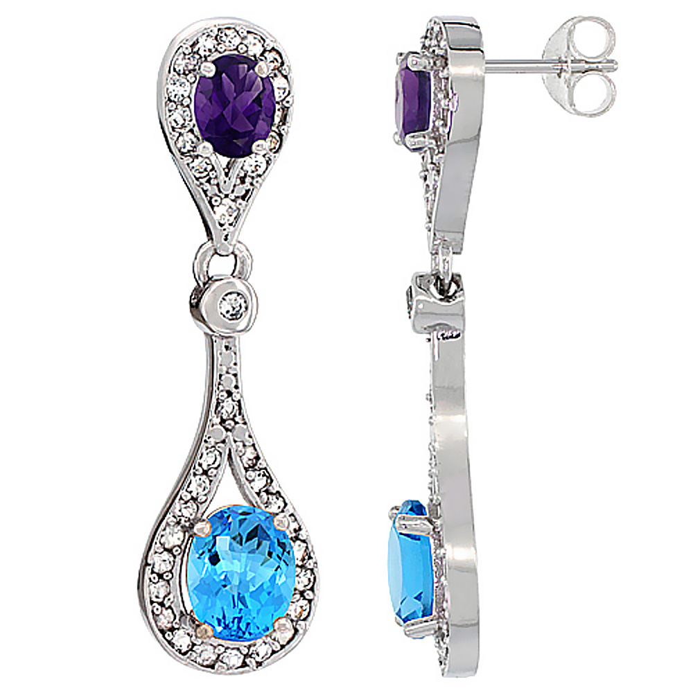 14K WHITE GOLD NATURAL SWISS BLUE TOPAZ & AMETHYST OVAL DANGLING EARRINGS WHITE SAPPHIRE & DIAMOND ACCENTS, 1 3/8 INCHES LONG