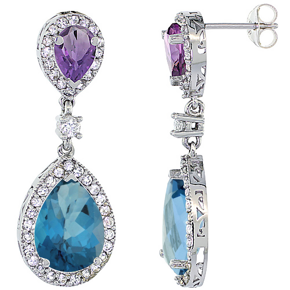 14K White Gold Natural London Blue Topaz &amp; Amethyst Teardrop Earrings White Sapphire &amp; Diamond