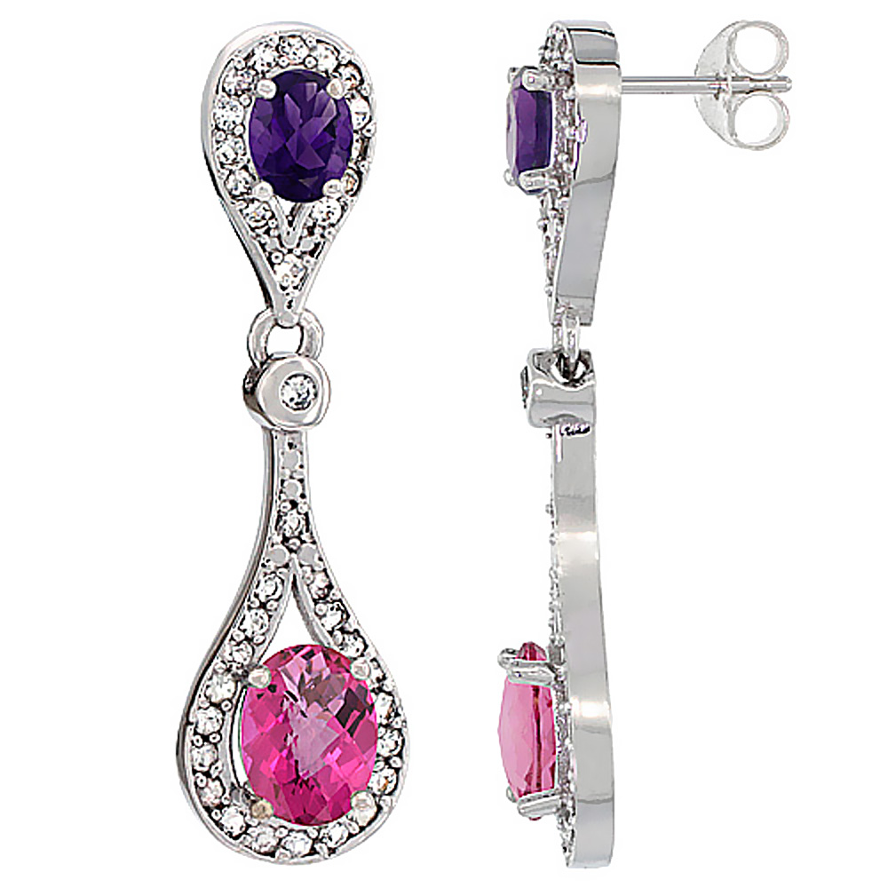 14K WHITE GOLD NATURAL PINK TOPAZ & AMETHYST OVAL DANGLING EARRINGS WHITE SAPPHIRE & DIAMOND ACCENTS, 1 3/8 INCHES LONG