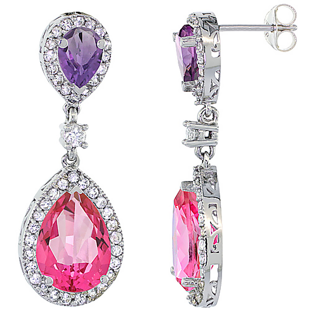 14K WHITE GOLD NATURAL PINK TOPAZ & AMETHYST TEARDROP EARRINGS WHITE SAPPHIRE & DIAMOND