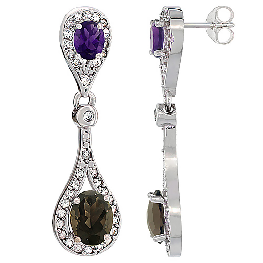 14K WHITE GOLD NATURAL SMOKY TOPAZ & AMETHYST OVAL DANGLING EARRINGS WHITE SAPPHIRE & DIAMOND ACCENTS, 1 3/8 INCHES LONG
