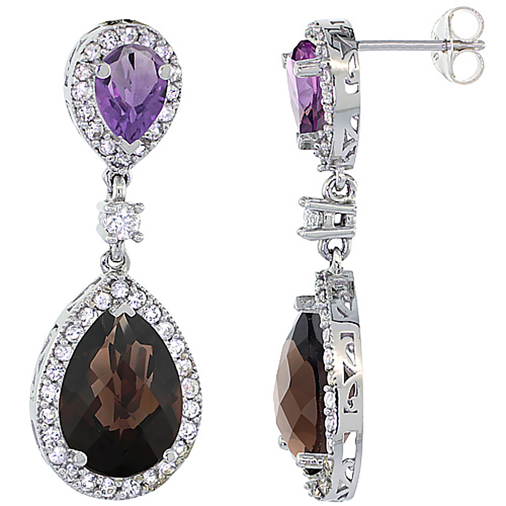 10K White Gold Natural Smoky Topaz & Amethyst Teardrop Earrings White Sapphire & Diamond