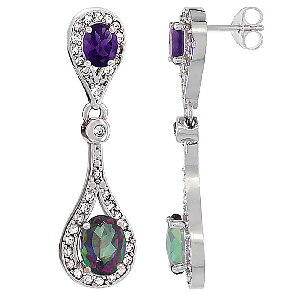 14K White Gold Natural Mystic Topaz & Amethyst Oval Dangling Earrings White Sapphire & Diamond Accents, 1 3/8 inches long