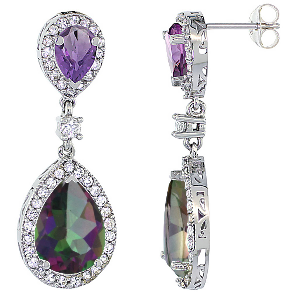 14K WHITE GOLD NATURAL MYSTIC TOPAZ & AMETHYST TEARDROP EARRINGS WHITE SAPPHIRE & DIAMOND