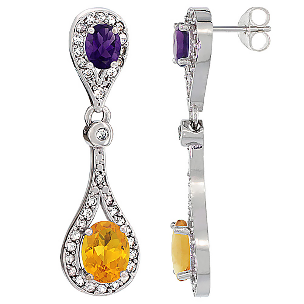 10K White Gold Natural Citrine &amp; Amethyst Oval Dangling Earrings White Sapphire &amp; Diamond Accents, 1 3/8 inches long