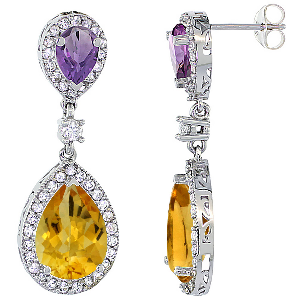 10K White Gold Natural Citrine & Amethyst Teardrop Earrings White Sapphire & Diamond