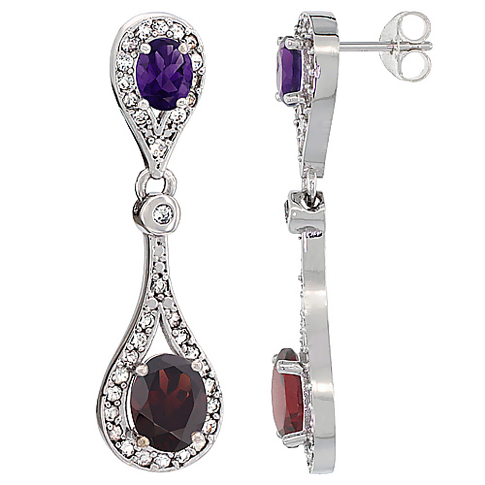 14K WHITE GOLD NATURAL GARNET & AMETHYST OVAL DANGLING EARRINGS WHITE SAPPHIRE & DIAMOND ACCENTS, 1 3/8 INCHES LONG