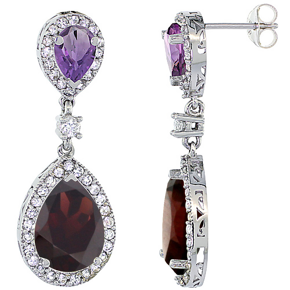 14K White Gold Natural Garnet &amp; Amethyst Teardrop Earrings White Sapphire &amp; Diamond