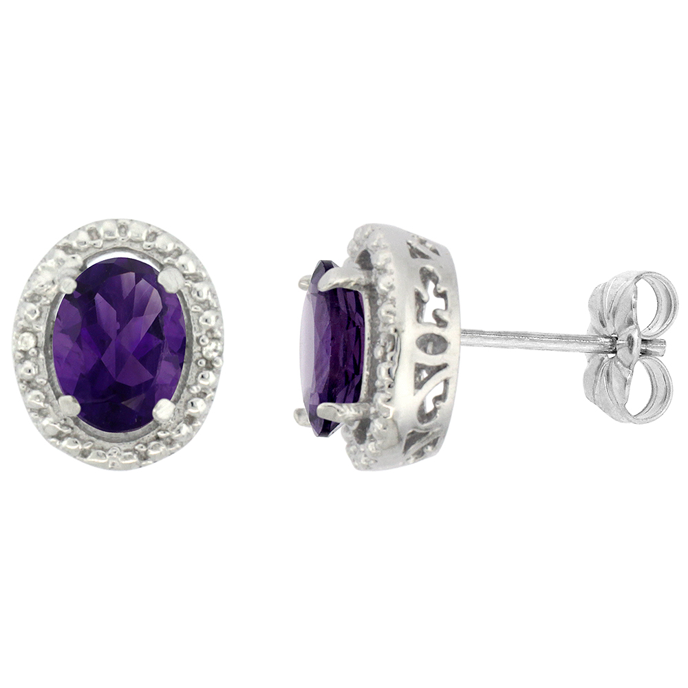 10K WHITE GOLD 0.01 CTTW DIAMOND NATURAL AMETHYST POST EARRINGS OVAL 7X5 MM