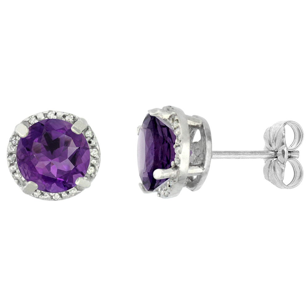 10K WHITE GOLD 0.06 CTTW DIAMOND NATURAL AMETHYST EARRINGS ROUND 7X7 MM