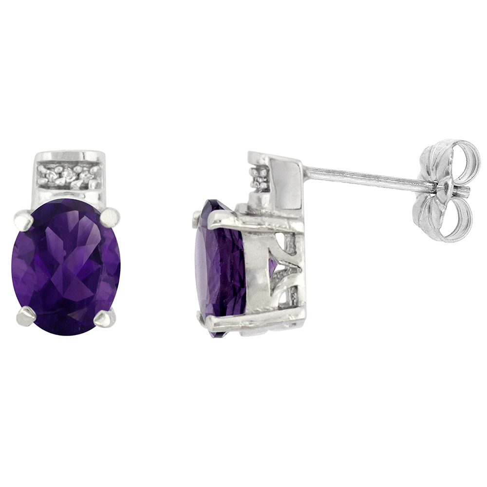 10K White Gold Diamond Natural Amethyst Earrings Oval 8x6 mm